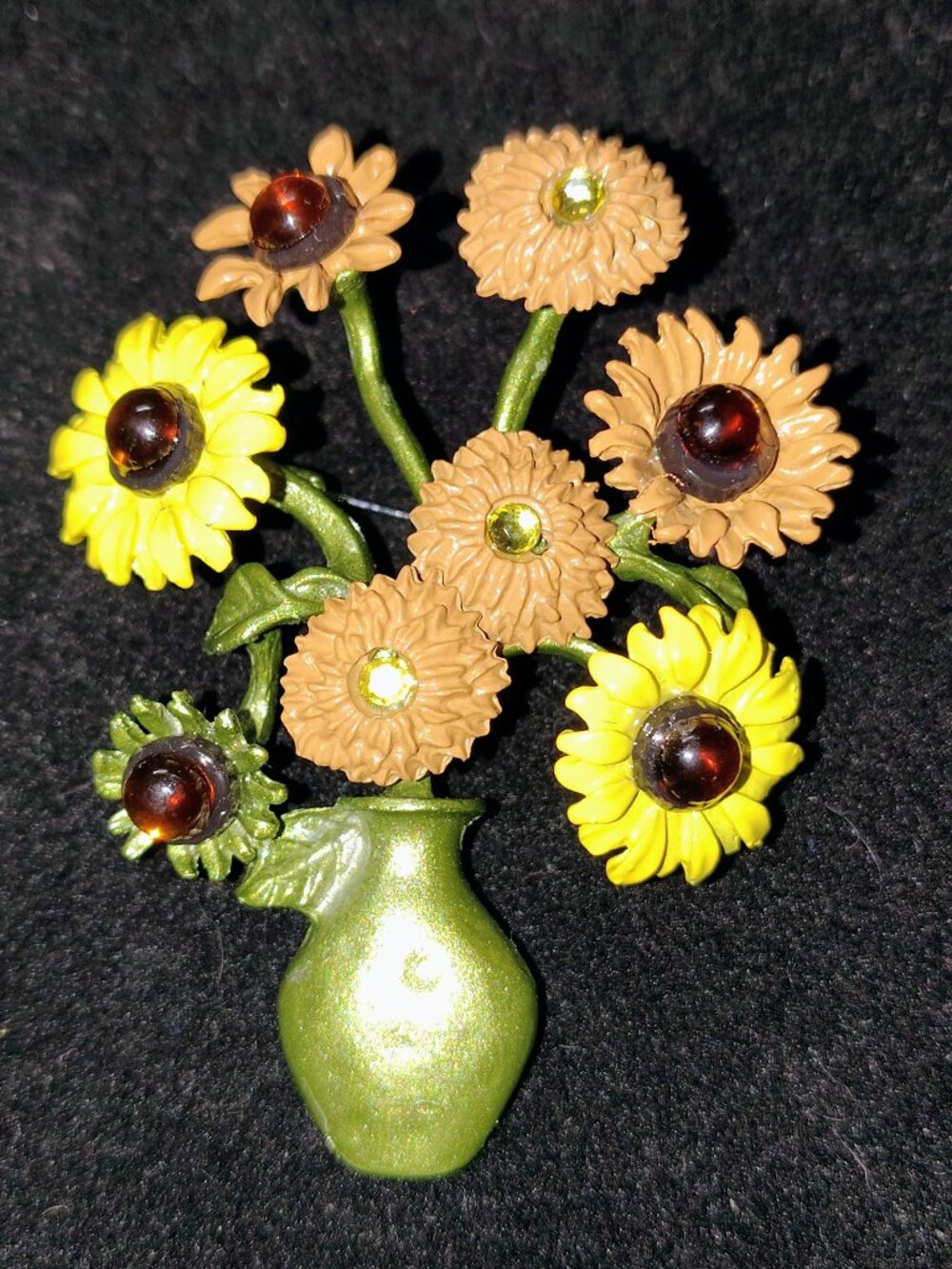 Vintage “Sunflowers” Enamel Brooch – Amber Cabochons & Green Vase – 2.5
